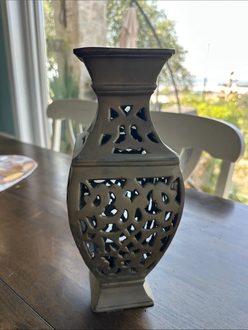 Decorative Carved Metal Lantern Vase - Gray